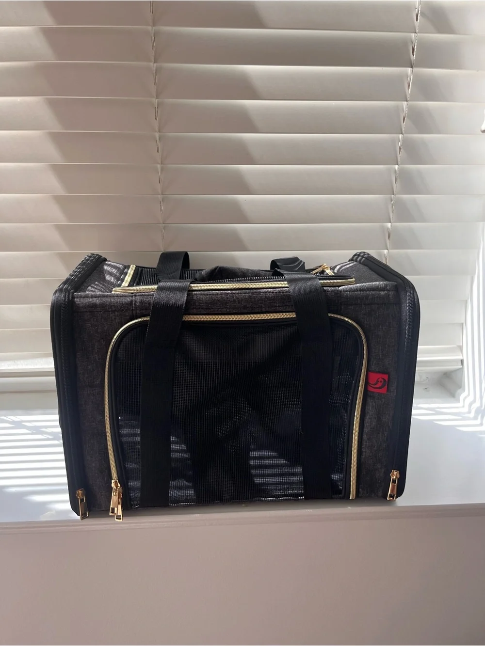 Small Pet Black and Gold Travel Carry Bag with Mesh Front